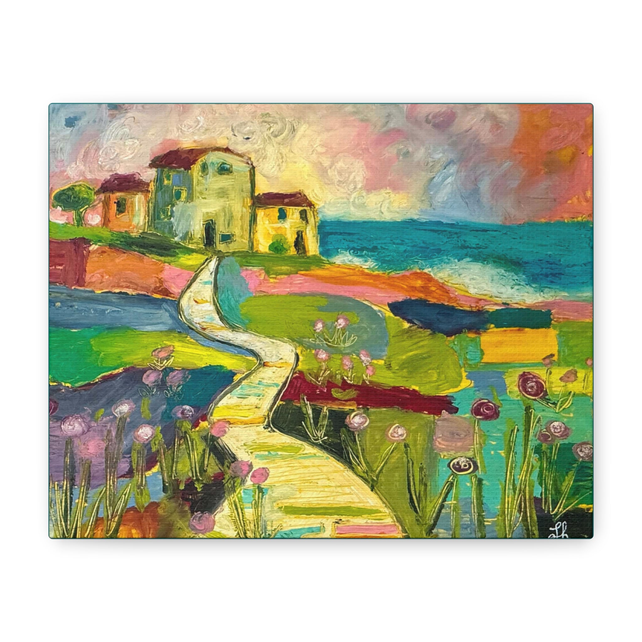 Coastal Pathway Colorful Canvas Wall Art – Vibrant Seaside Landscape