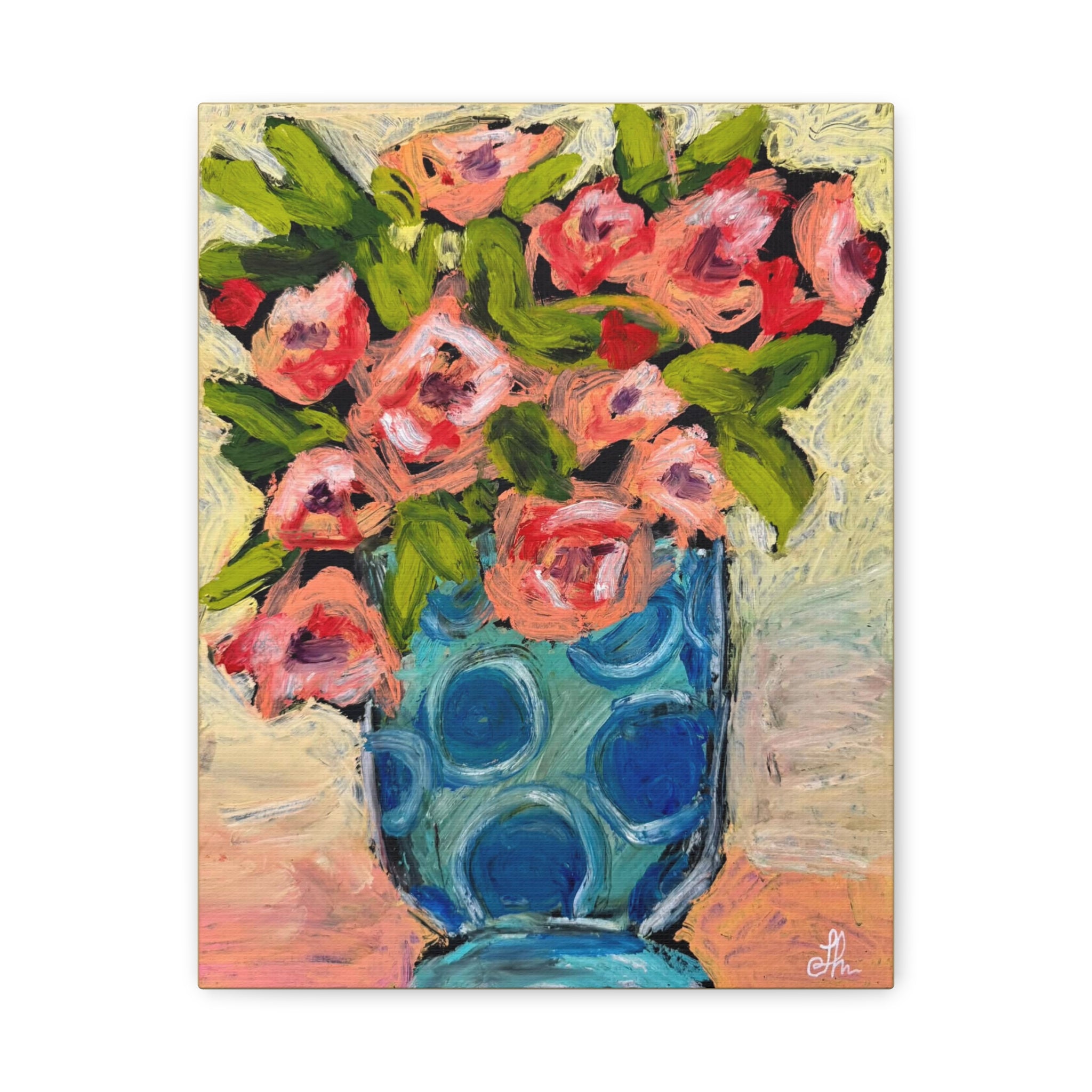 Pink Peonies in Blue Teal Polka Dot Vase Canvas Print