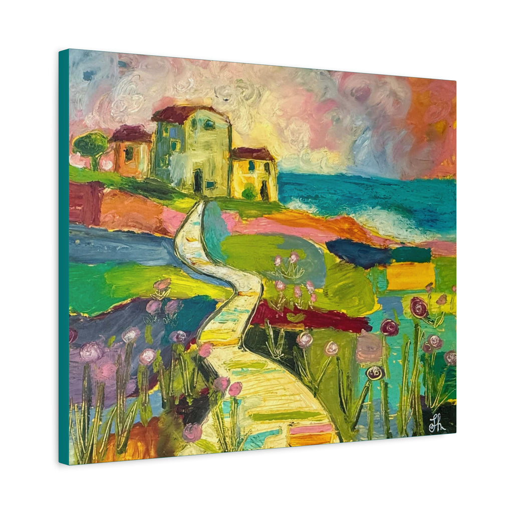 Coastal Pathway Colorful Canvas Wall Art – Vibrant Seaside Landscape