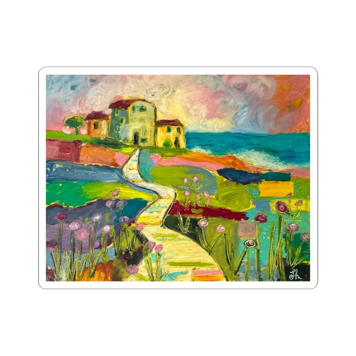 Coastal Cottage Path Sticker — Colorful Impressionist Landscape Kiss-Cut