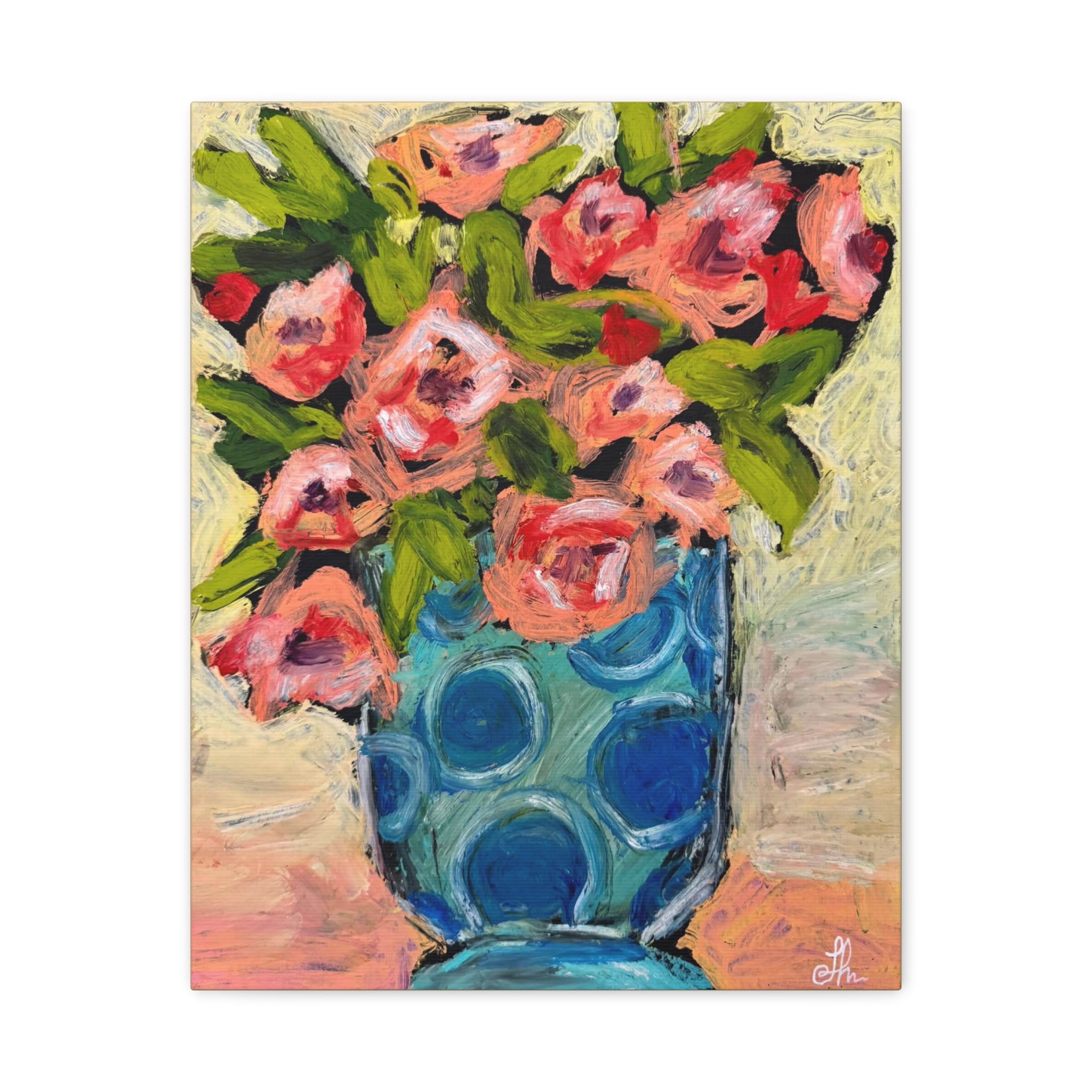 Pink Peonies in Blue Teal Polka Dot Vase Canvas Print