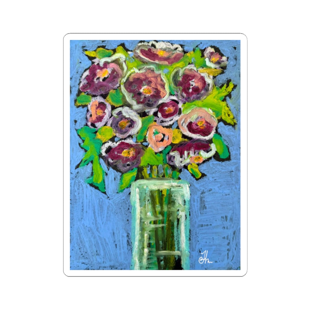 Copy of Floral Bouquet Kiss-Cut Sticker — Pink Roses in Vase on Teal Background