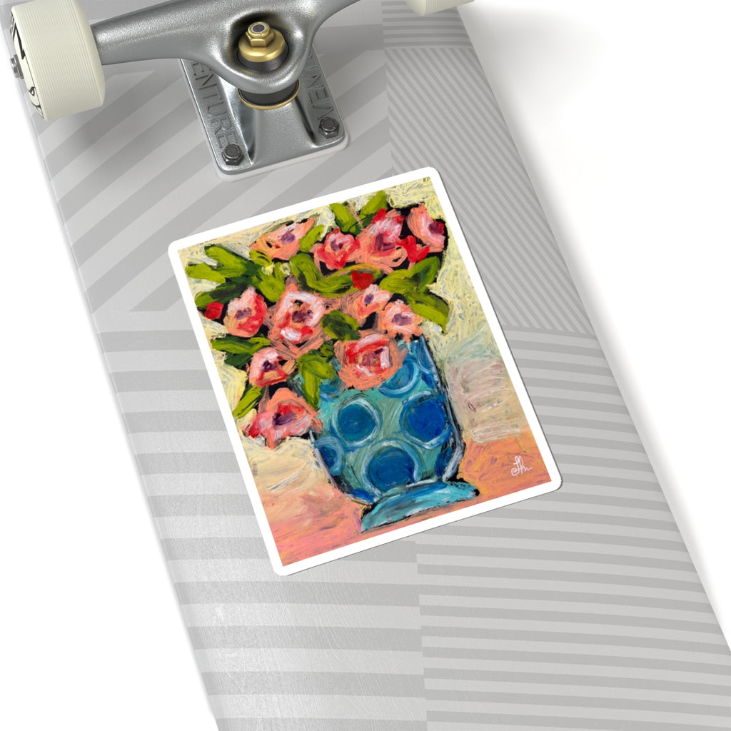 Floral Vase Kiss-Cut Sticker — Pink Roses in Blue Polka Dot Vase