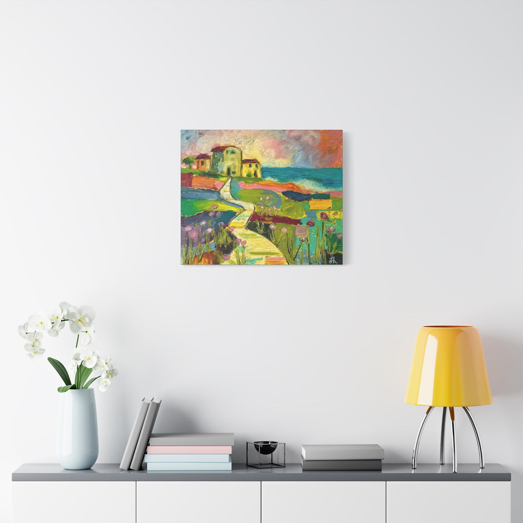 Coastal Pathway Colorful Canvas Wall Art – Vibrant Seaside Landscape