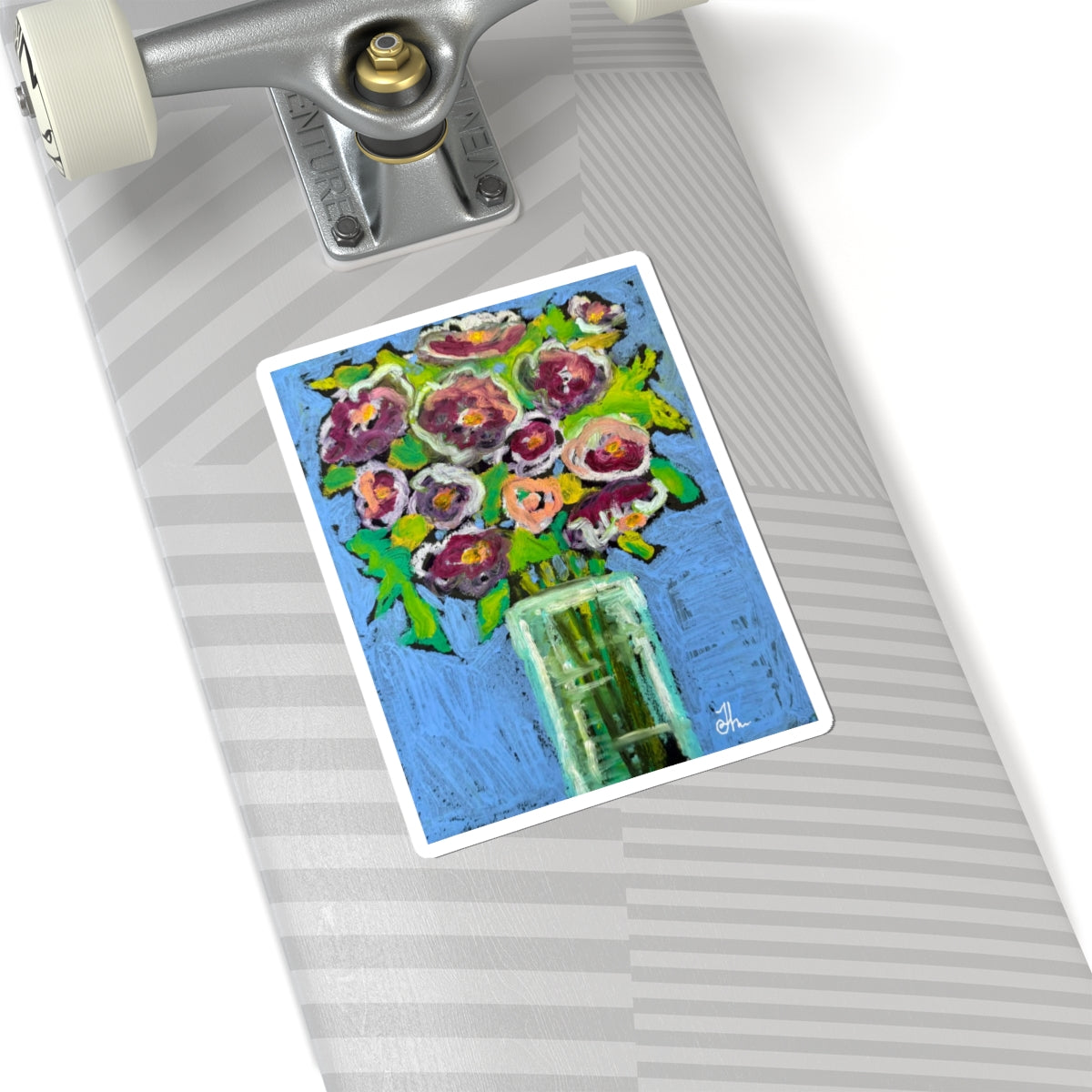 Copy of Floral Bouquet Kiss-Cut Sticker — Pink Roses in Vase on Teal Background