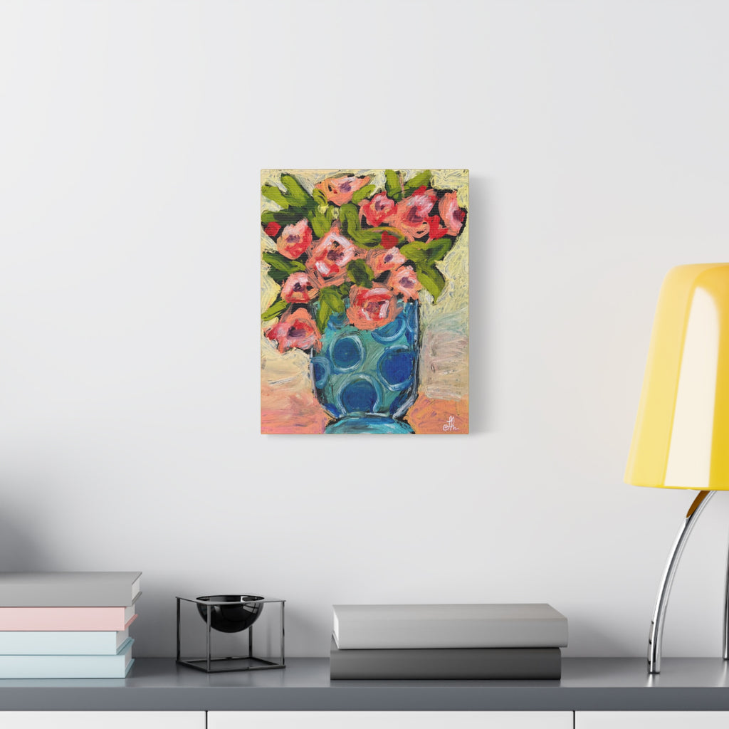 Pink Peonies in Blue Teal Polka Dot Vase Canvas Print