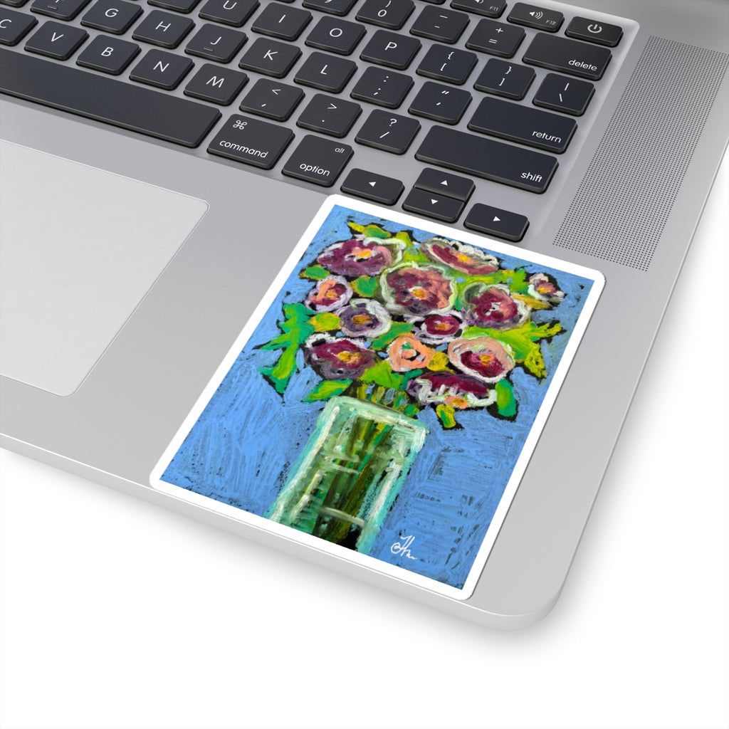 Copy of Floral Bouquet Kiss-Cut Sticker — Pink Roses in Vase on Teal Background