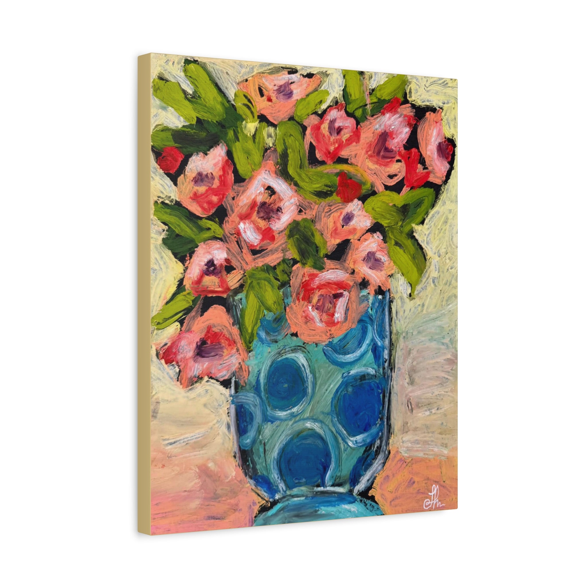 Pink Peonies in Blue Teal Polka Dot Vase Canvas Print