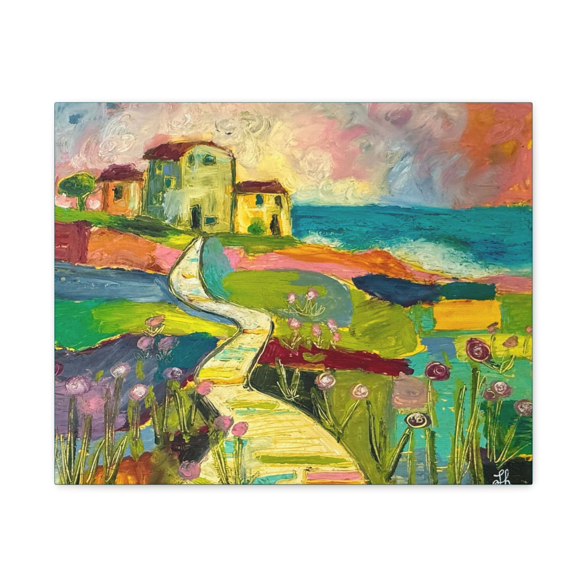 Coastal Pathway Colorful Canvas Wall Art – Vibrant Seaside Landscape