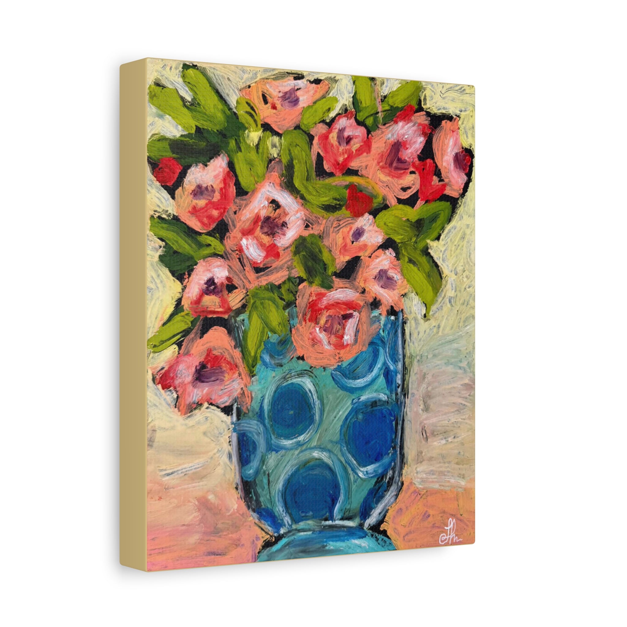 Pink Peonies in Blue Teal Polka Dot Vase Canvas Print