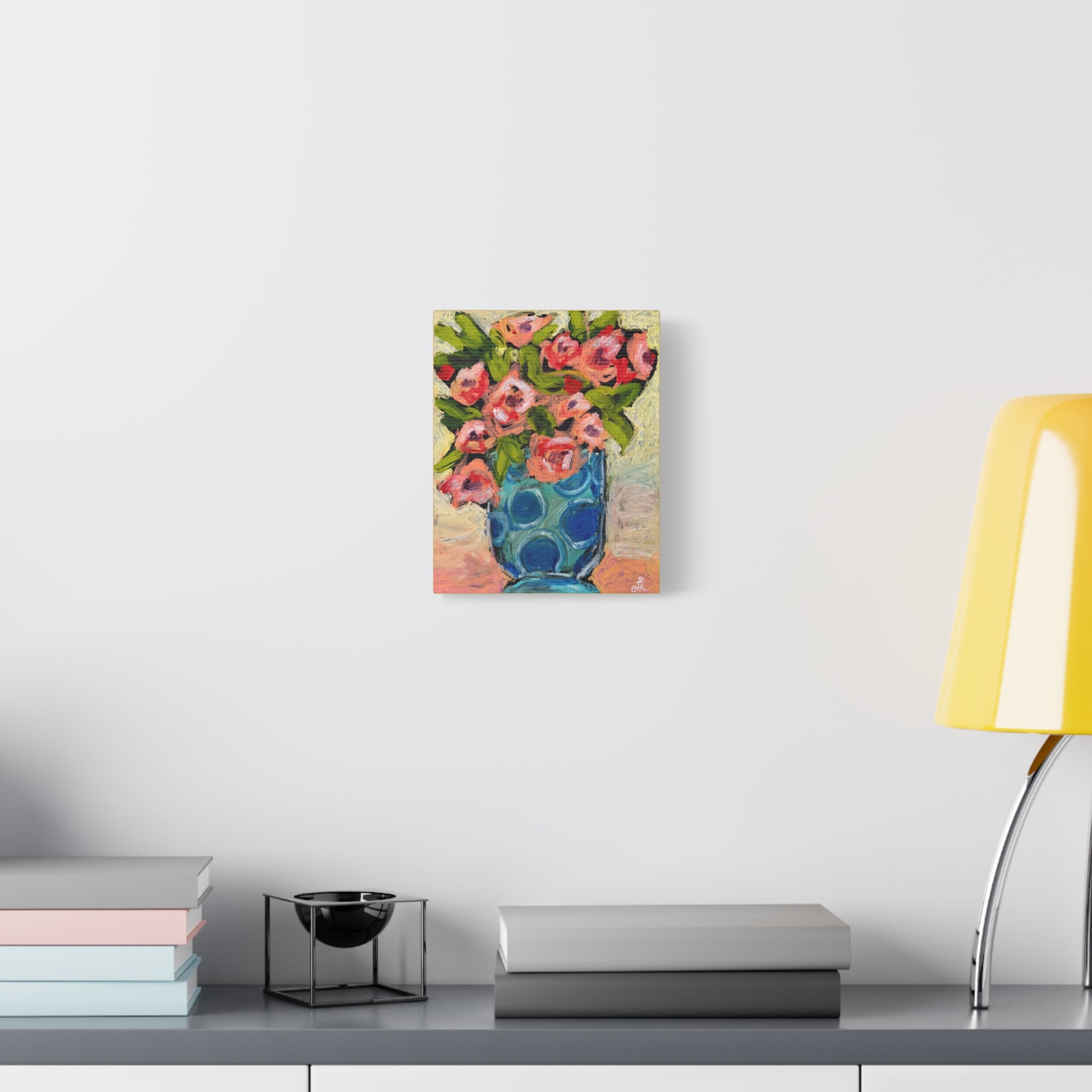 Pink Peonies in Blue Teal Polka Dot Vase Canvas Print