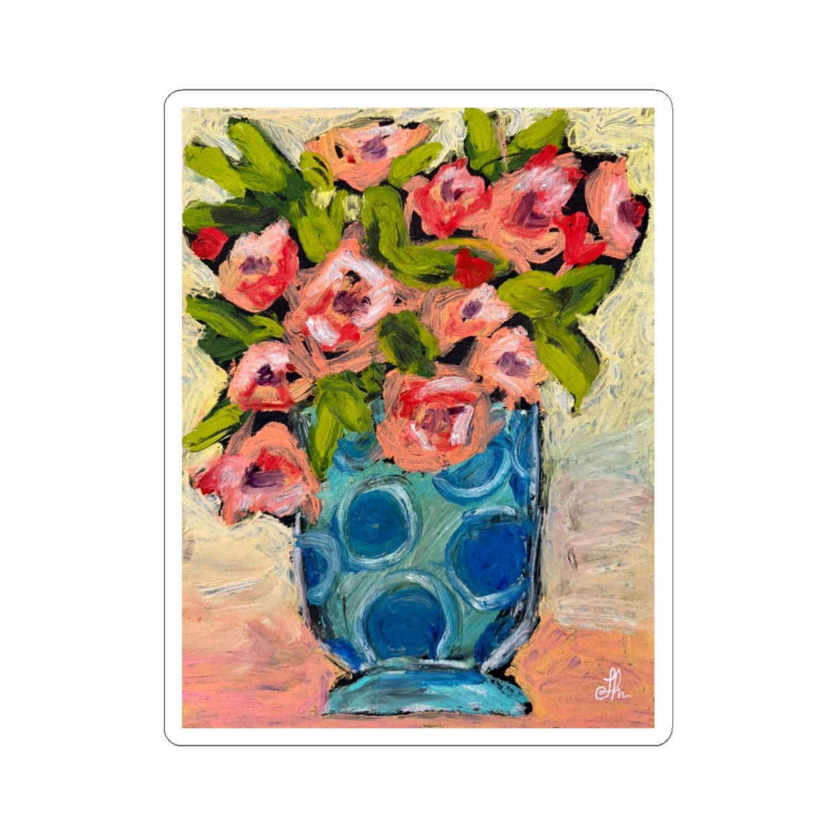 Floral Vase Kiss-Cut Sticker — Pink Roses in Blue Polka Dot Vase