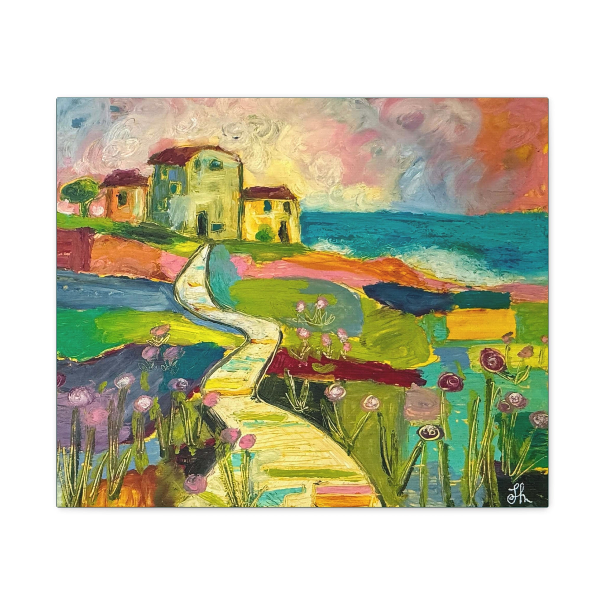 Coastal Pathway Colorful Canvas Wall Art – Vibrant Seaside Landscape