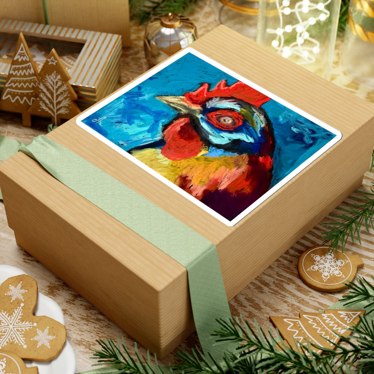 Rooster Art Sticker — Colorful Farm Animal Kiss-Cut Decal