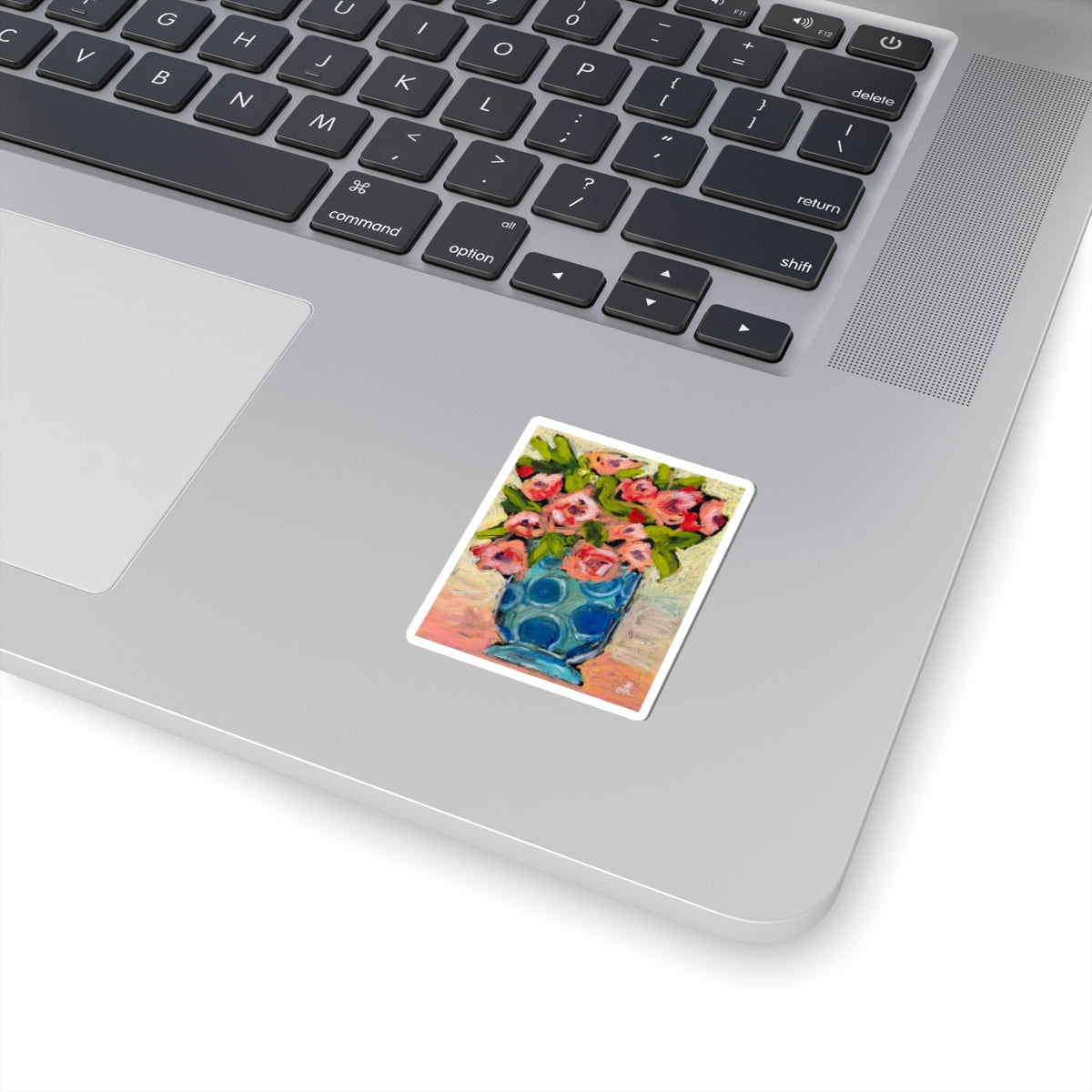 Floral Vase Kiss-Cut Sticker — Pink Roses in Blue Polka Dot Vase