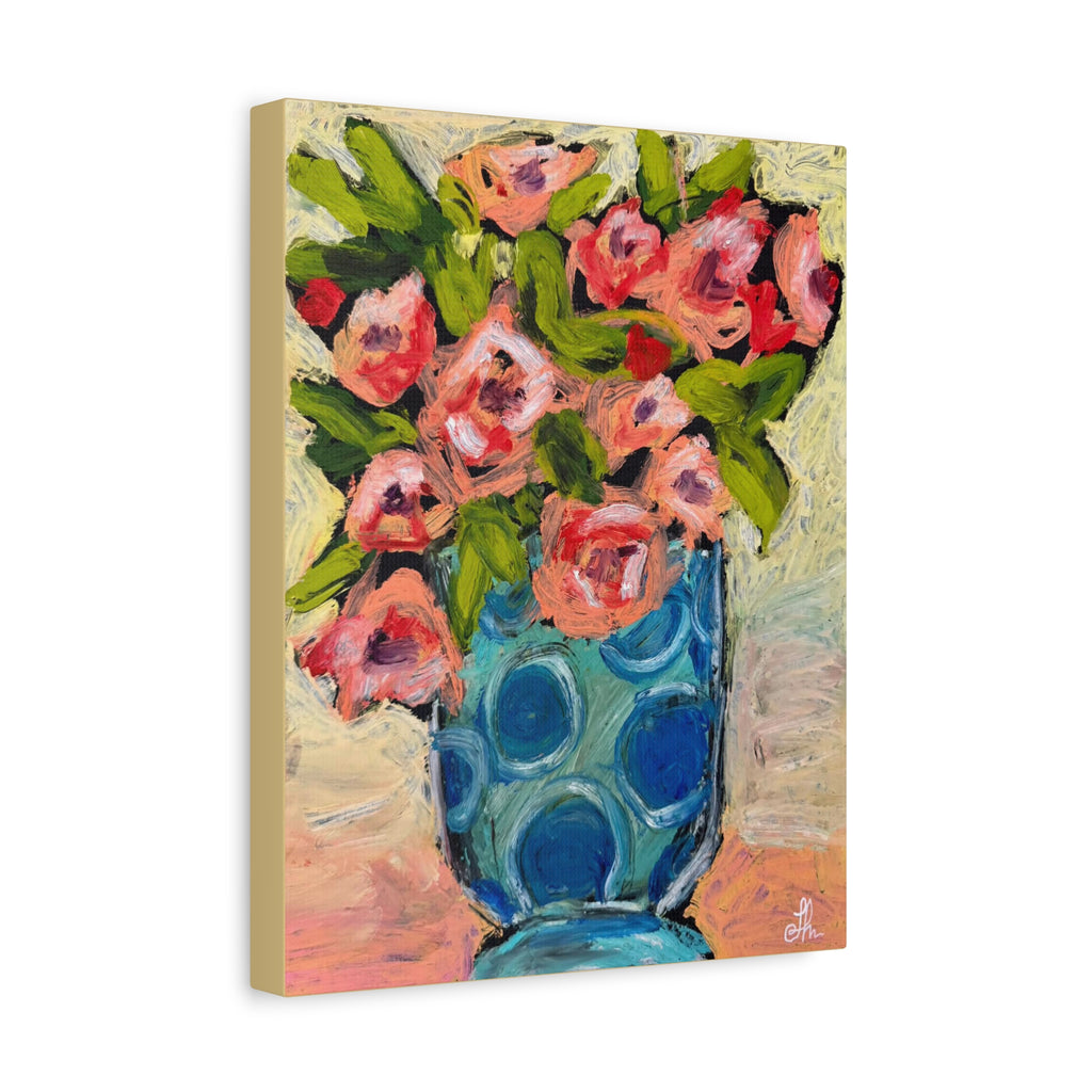 Pink Peonies in Blue Teal Polka Dot Vase Canvas Print