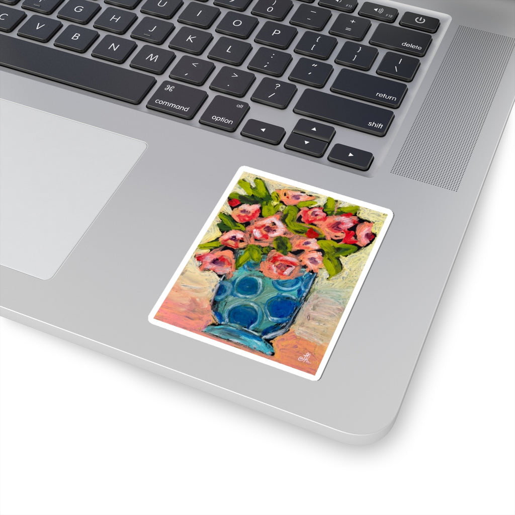 Floral Vase Kiss-Cut Sticker — Pink Roses in Blue Polka Dot Vase