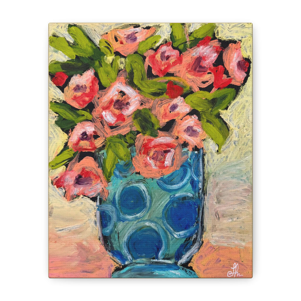 Pink Floral Bouquet in Blue Polka Dot Vase Printable Wall Art, Modern Colorful Flower Digital Download