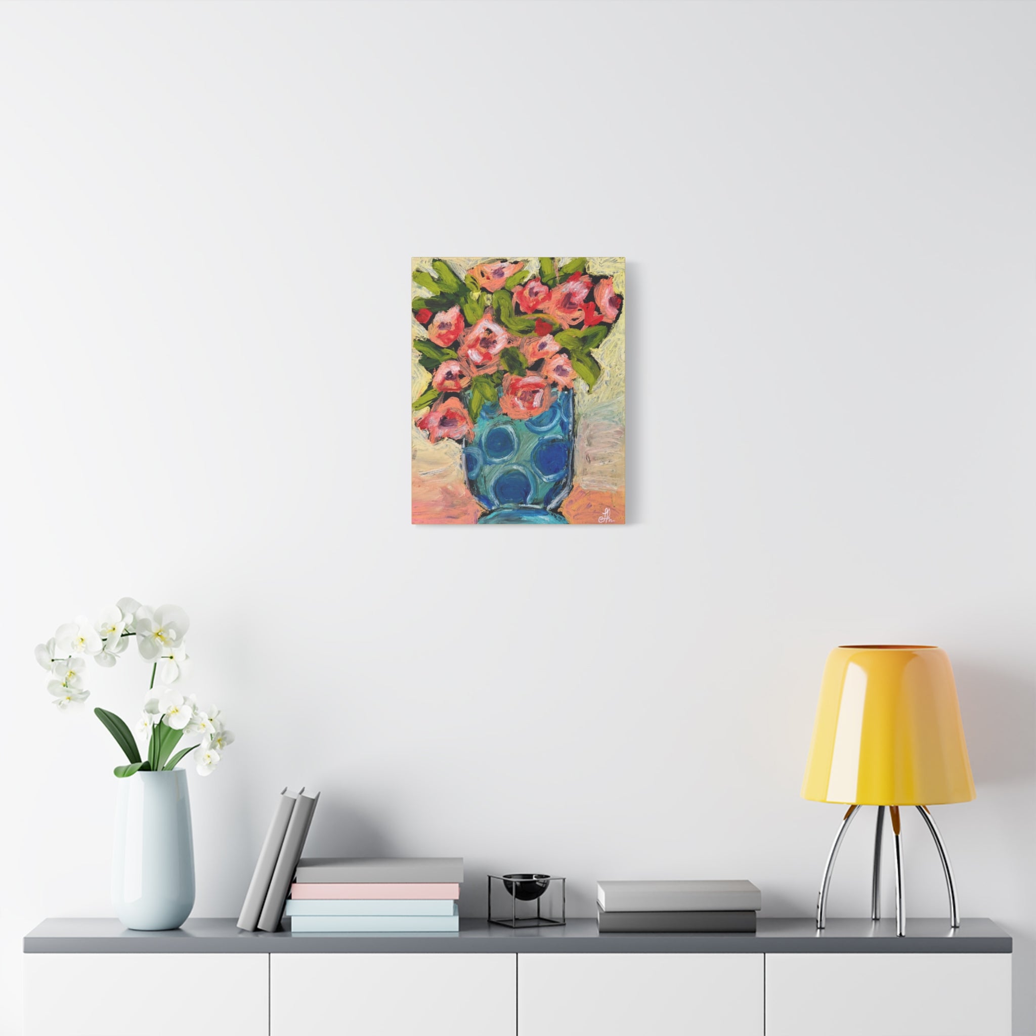 Pink Peonies in Blue Teal Polka Dot Vase Canvas Print
