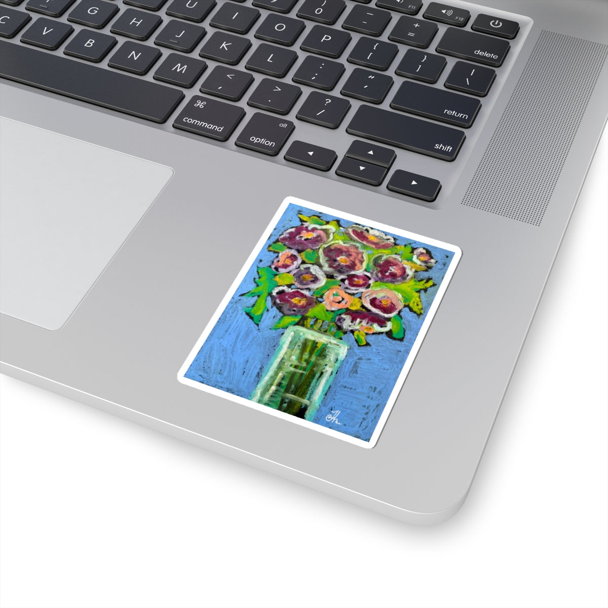 Copy of Floral Bouquet Kiss-Cut Sticker — Pink Roses in Vase on Teal Background