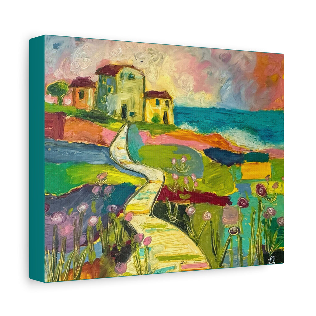 Coastal Pathway Colorful Canvas Wall Art – Vibrant Seaside Landscape