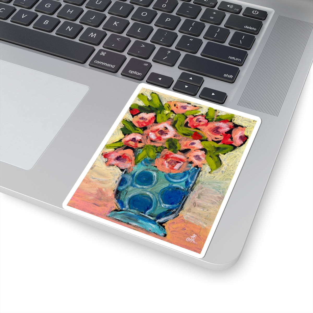 Floral Vase Kiss-Cut Sticker — Pink Roses in Blue Polka Dot Vase
