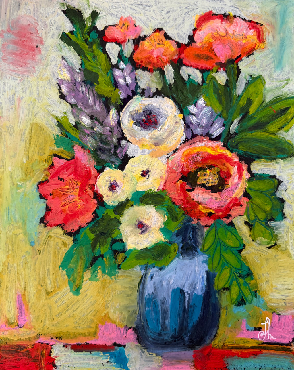 Colorful Floral Bouquet in Blue Vase Printable Wall Art, Modern Impressionist Flowers Digital Download