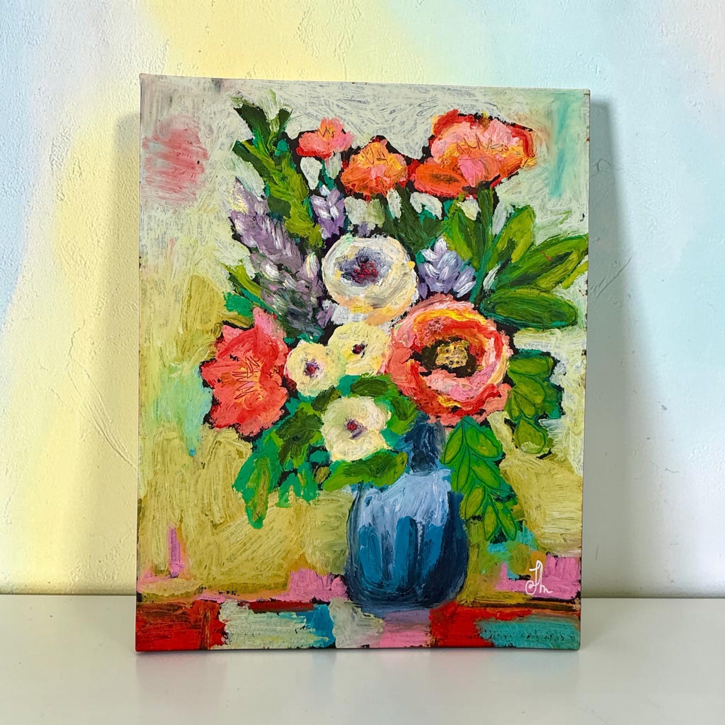 Colorful Floral Bouquet in Blue Vase Printable Wall Art, Modern Impressionist Flowers Digital Download