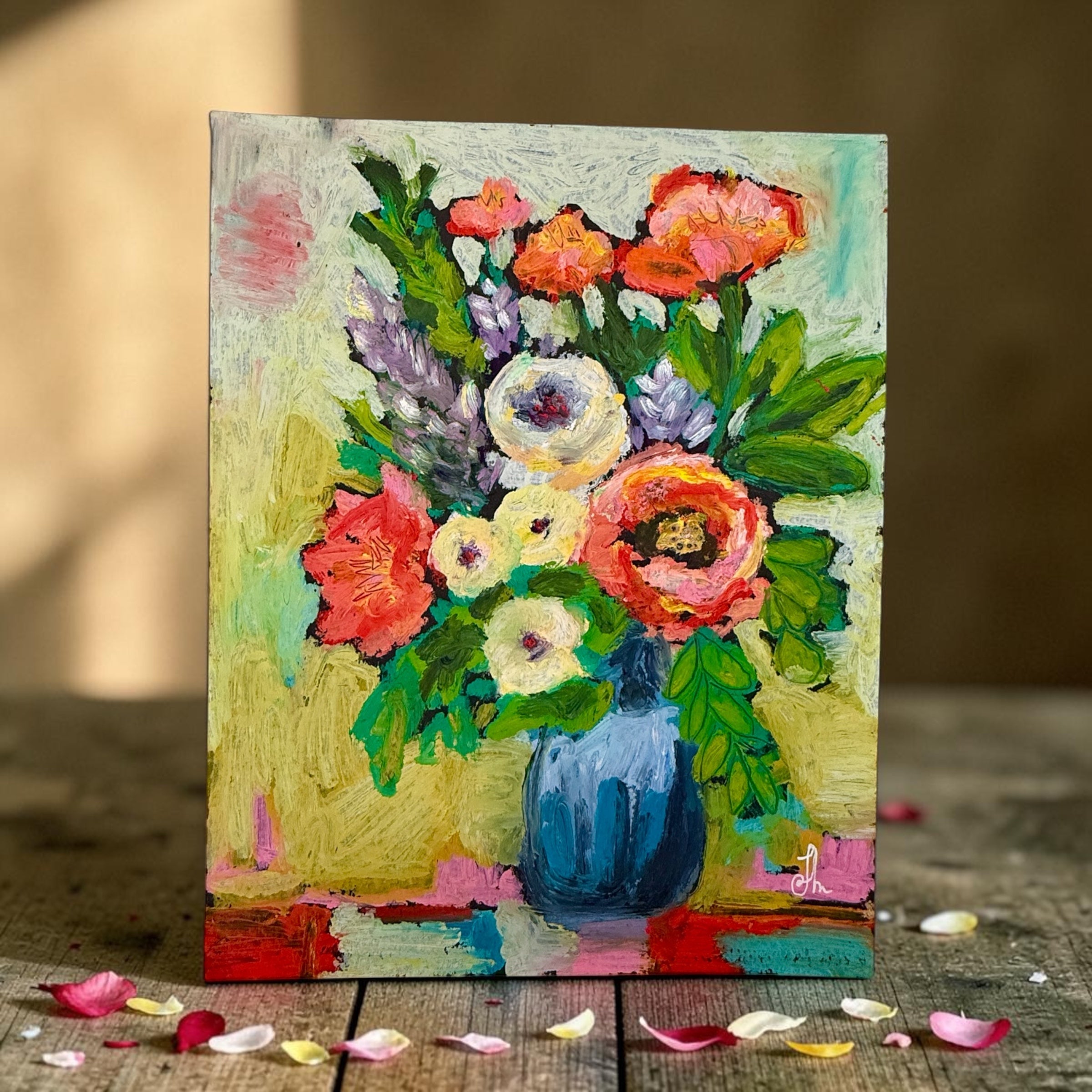 Colorful Floral Bouquet in Blue Vase Printable Wall Art, Modern Impressionist Flowers Digital Download
