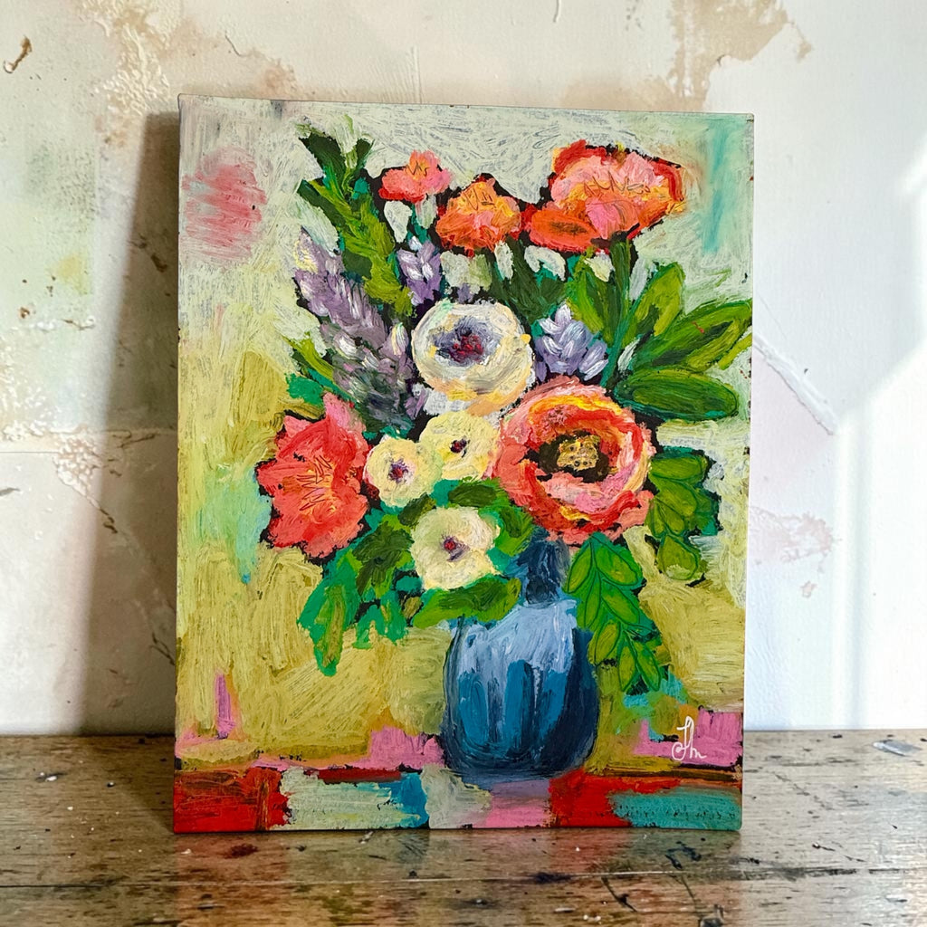Colorful Floral Bouquet in Blue Vase Printable Wall Art, Modern Impressionist Flowers Digital Download