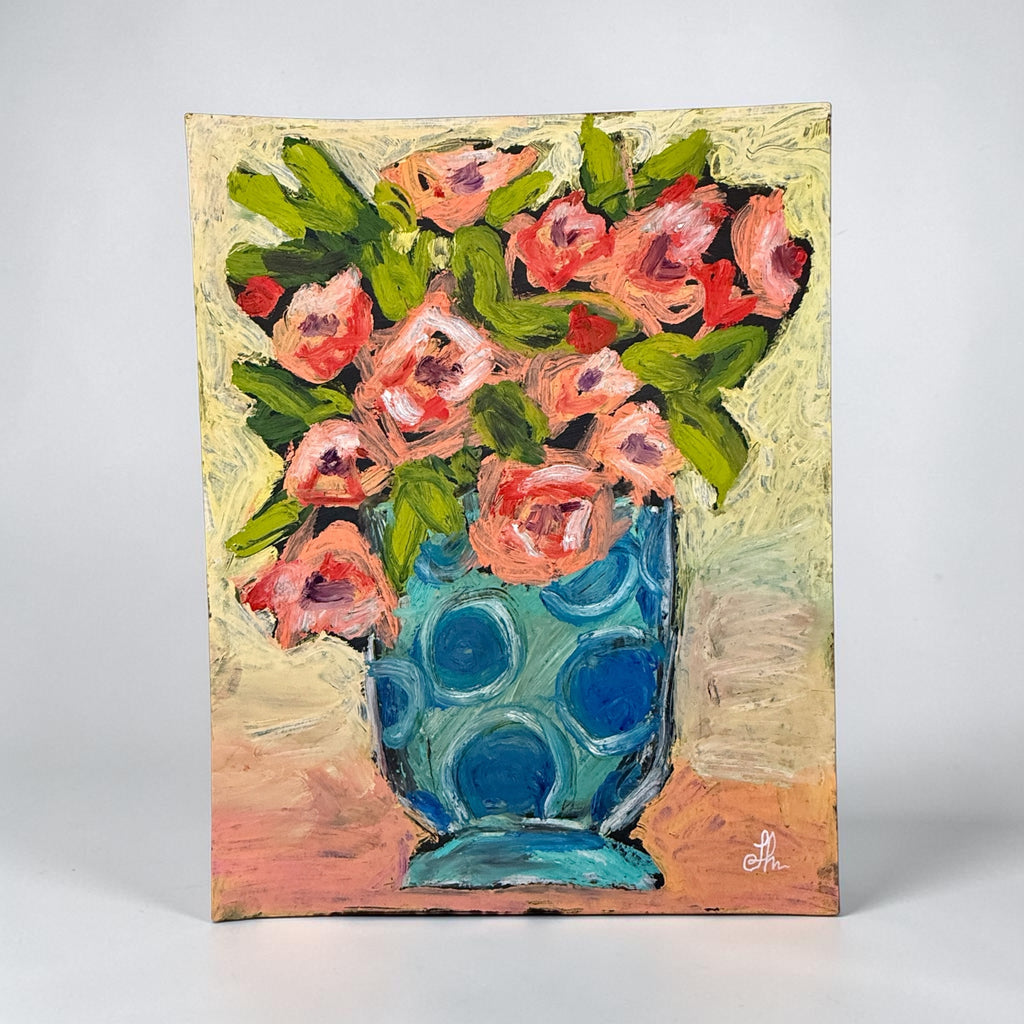 Pink Floral Bouquet in Blue Polka Dot Vase Printable Wall Art, Modern Colorful Flower Digital Download