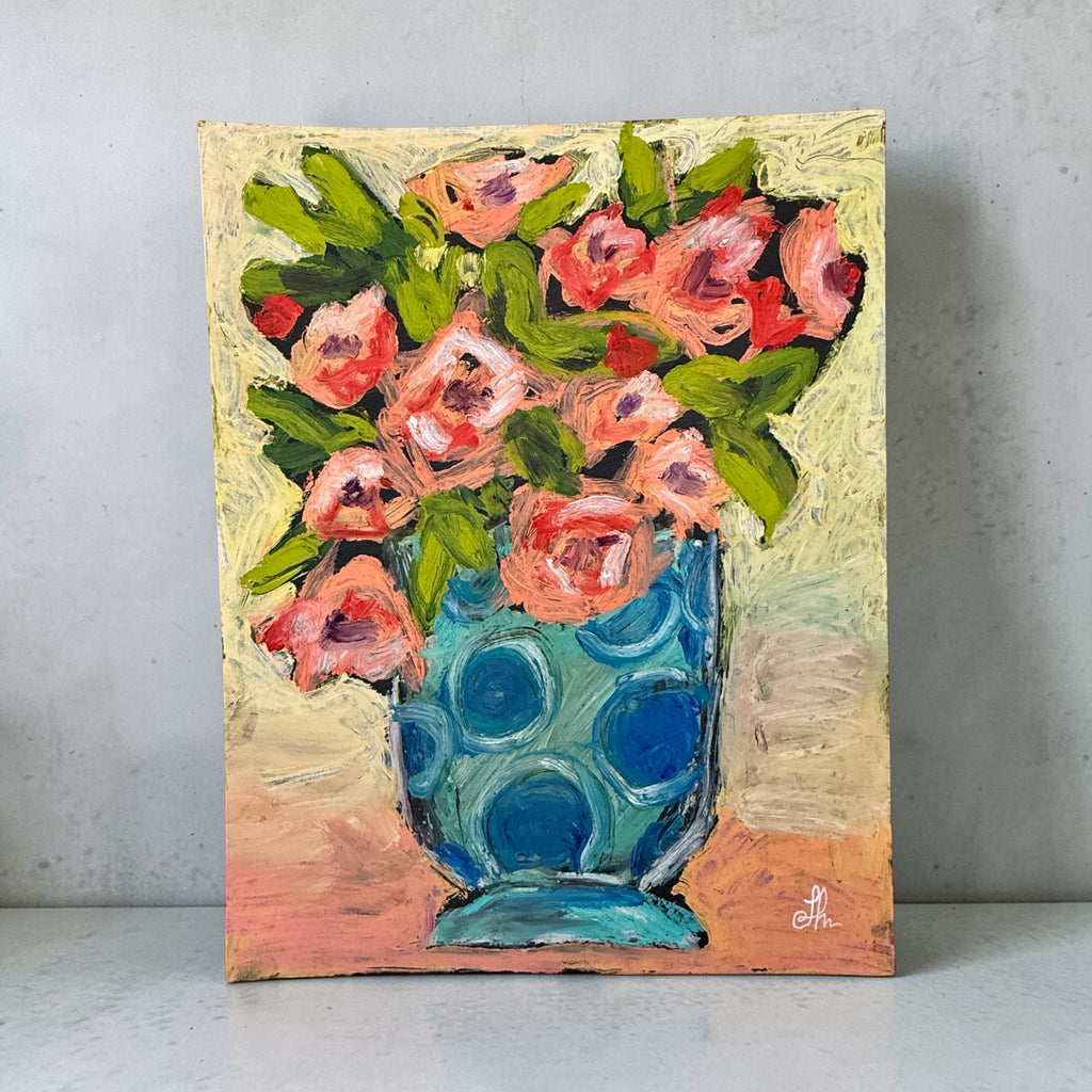 Pink Floral Bouquet in Blue Polka Dot Vase Printable Wall Art, Modern Colorful Flower Digital Download