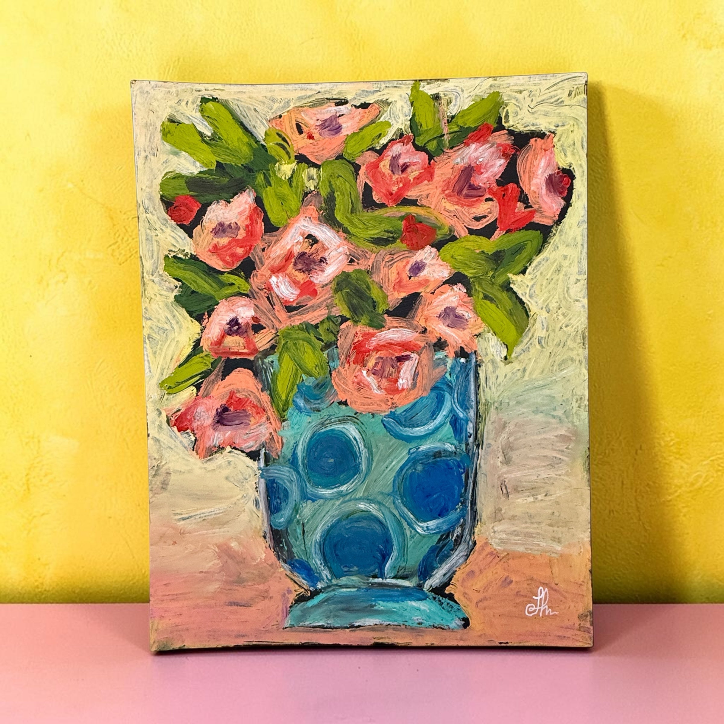 Pink Floral Bouquet in Blue Polka Dot Vase Printable Wall Art, Modern Colorful Flower Digital Download