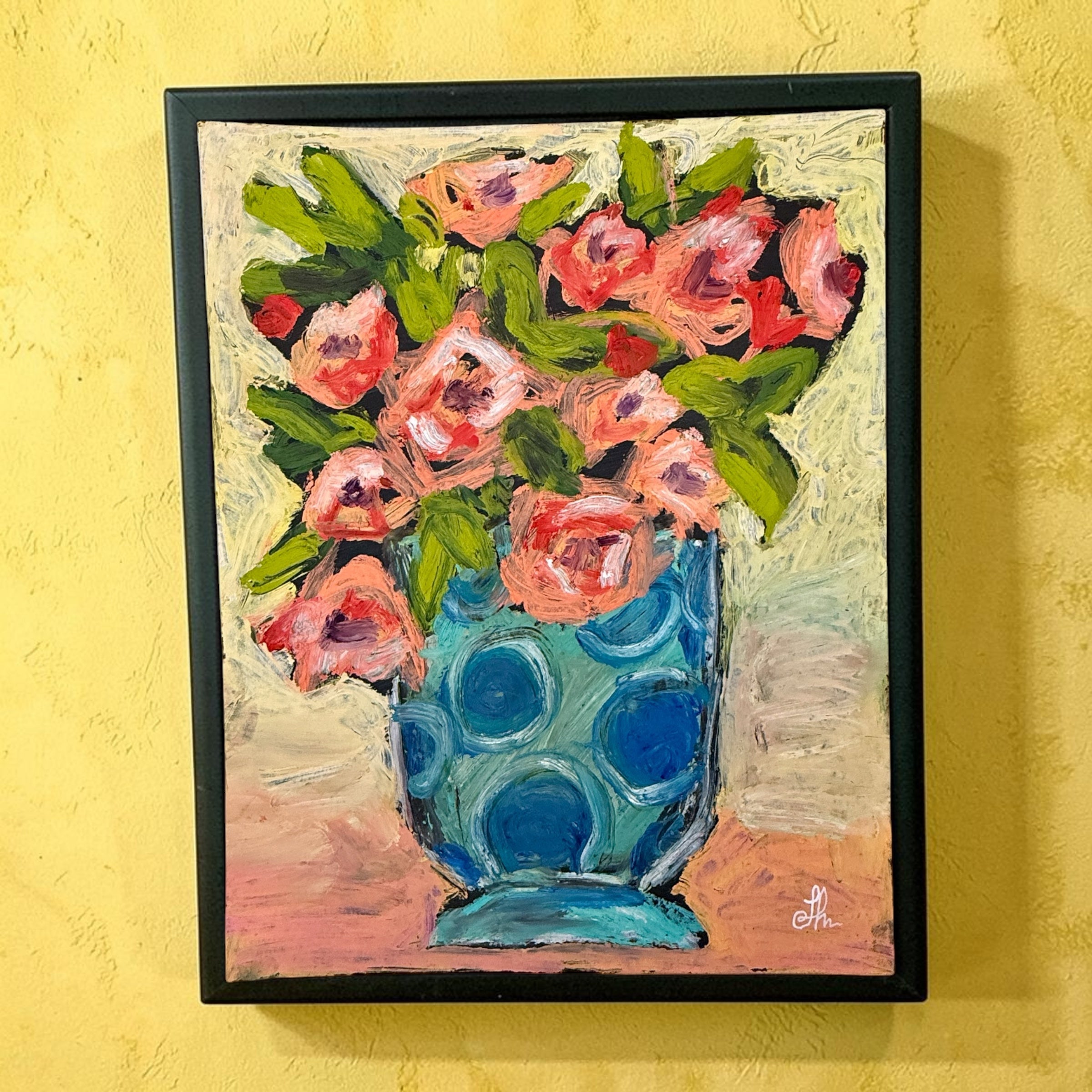 Pink Floral Bouquet in Blue Polka Dot Vase Printable Wall Art, Modern Colorful Flower Digital Download