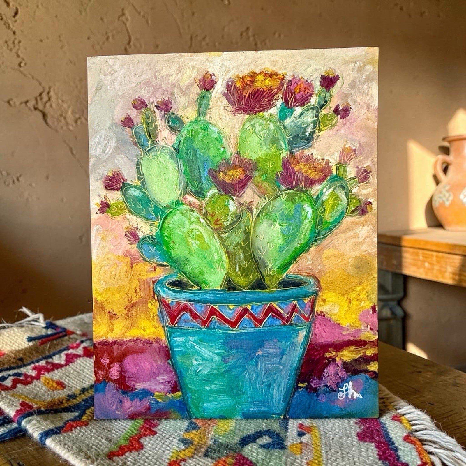 Signed Original Oil Painting on Paper Colorful Cactus Succulent in Pot  11x14"