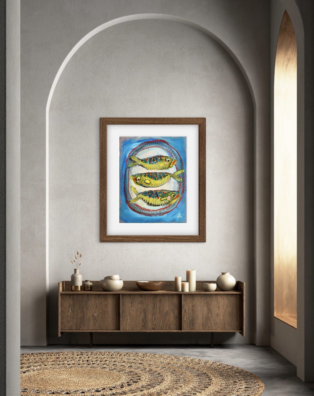 Original Oil Painting Signed  Paper Fish on a Plate Food Kitchen Cute Art 11x14