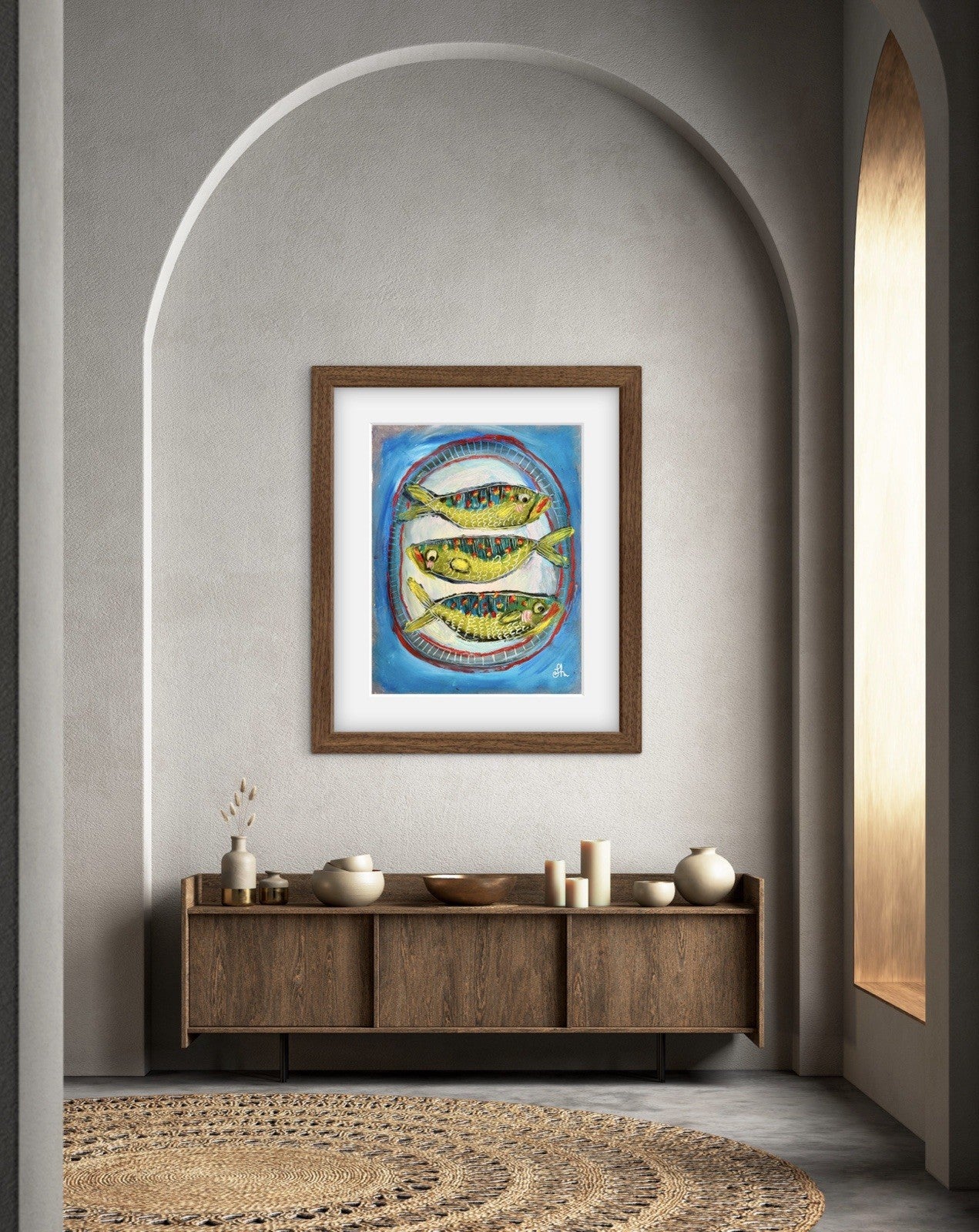 Original Oil Painting Signed  Paper Fish on a Plate Food Kitchen Cute Art 11x14