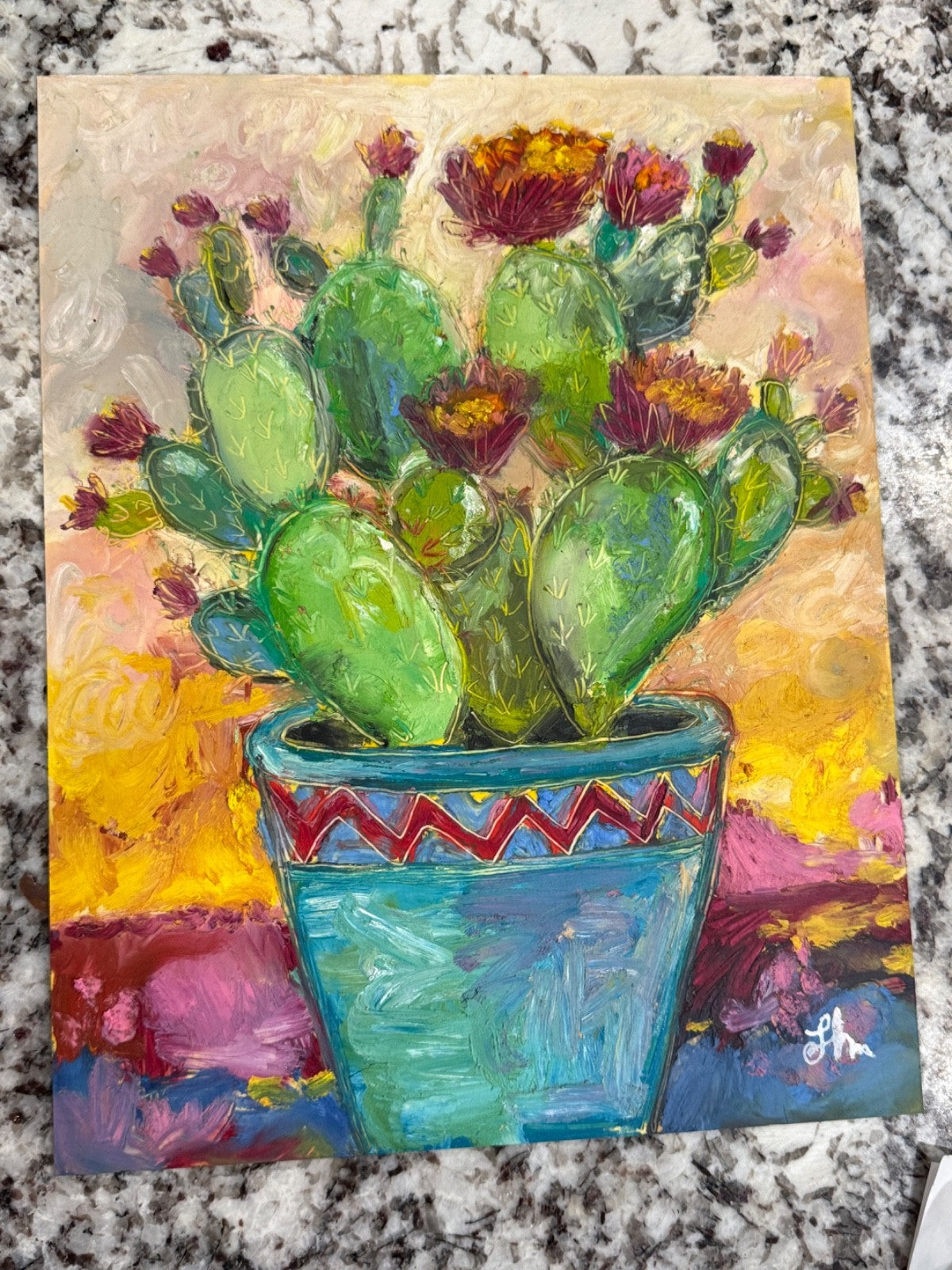 Signed Original Oil Painting on Paper Colorful Cactus Succulent in Pot  11x14"