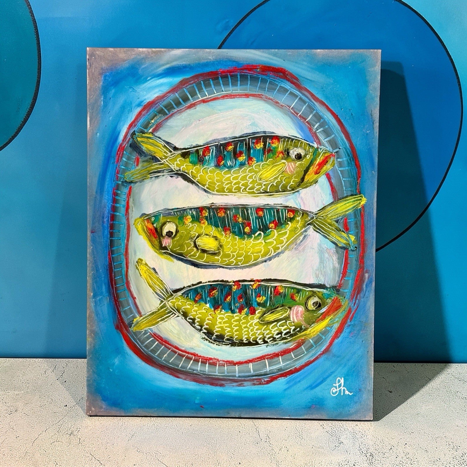 Original Oil Painting Signed  Paper Fish on a Plate Food Kitchen Cute Art 11x14