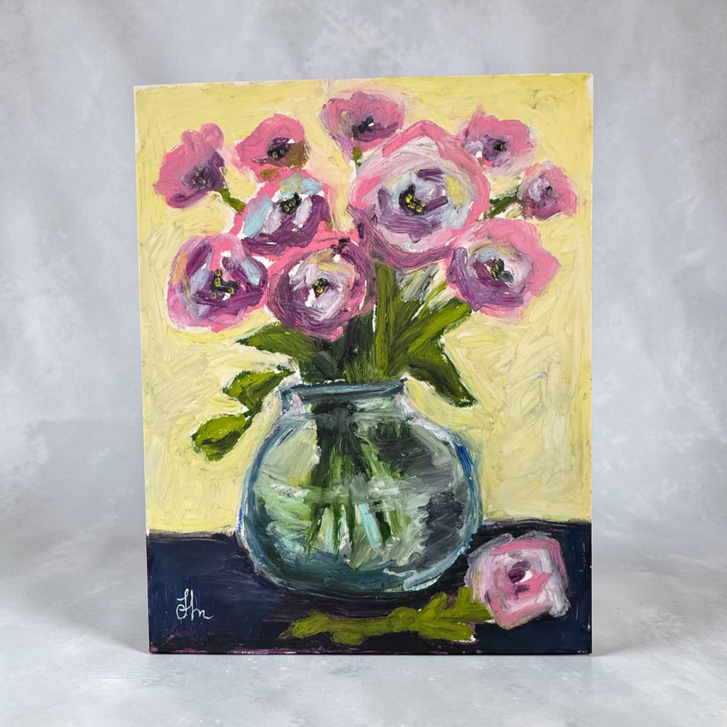 Original Pink Floral Still Life Oil Painting 11x14 Signed Vase Flowers Art