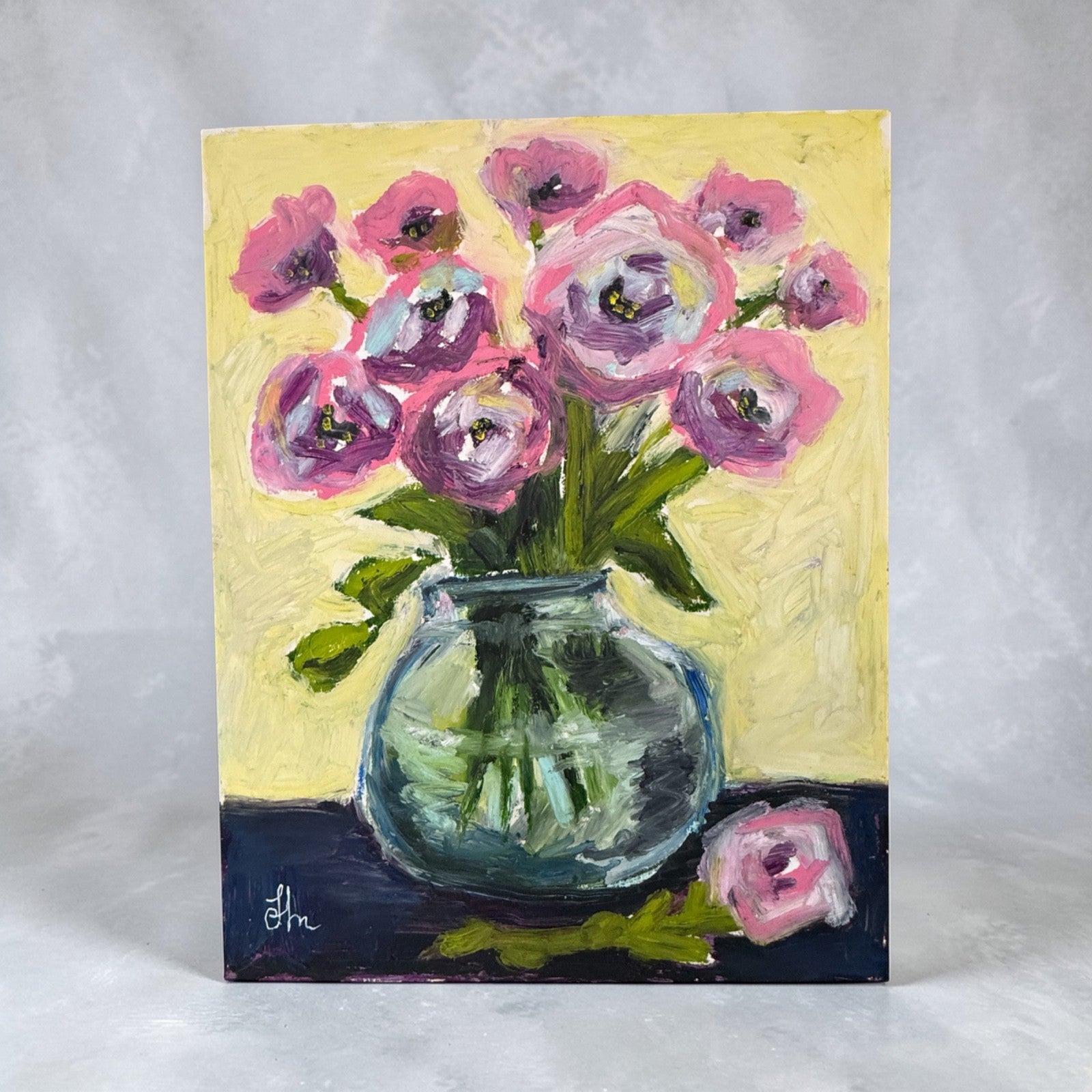 Original Pink Floral Still Life Oil Painting 11x14 Signed Vase Flowers Art