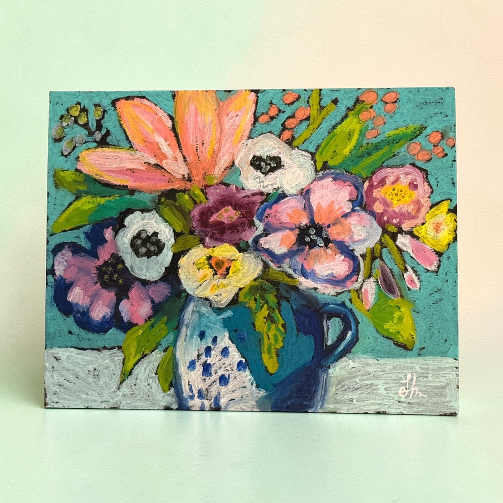 Blue Pitcher Flowers Still Life — Original Oil Painting 11x14