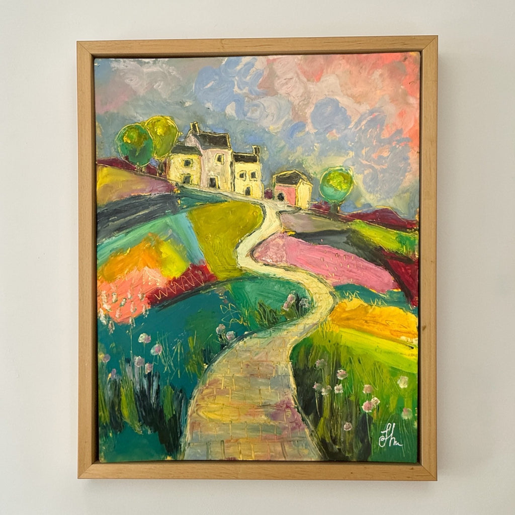 Original Oil Painting 11x14 Colorful Landscape Village Path Houses Signed