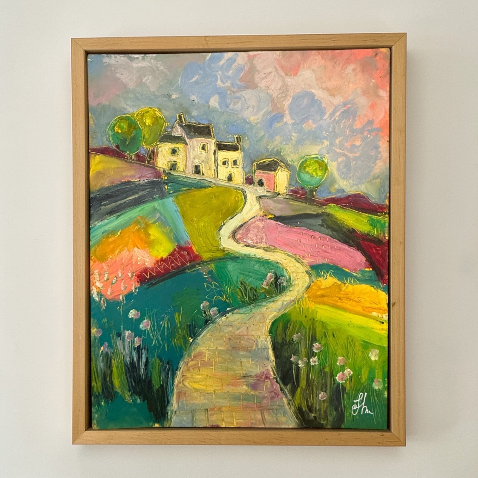 Original Oil Painting 11x14 Colorful Landscape Village Path Houses Signed