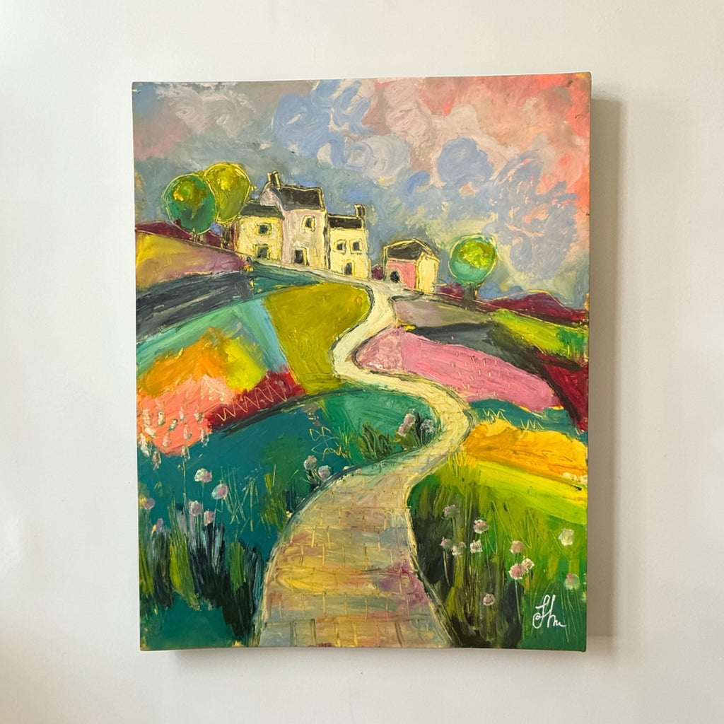 Original Oil Painting 11x14 Colorful Landscape Village Path Houses Signed