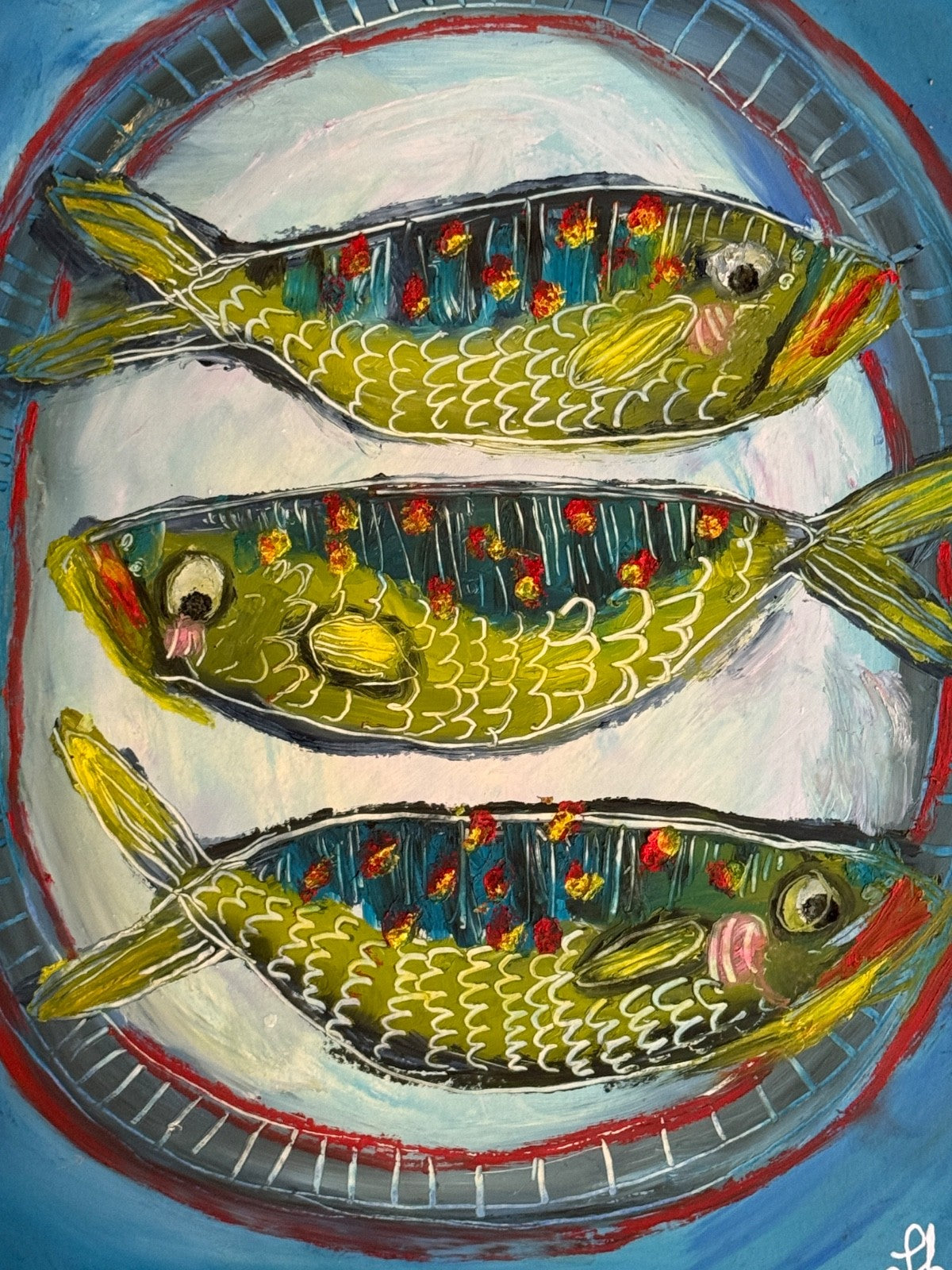 Original Oil Painting Signed  Paper Fish on a Plate Food Kitchen Cute Art 11x14