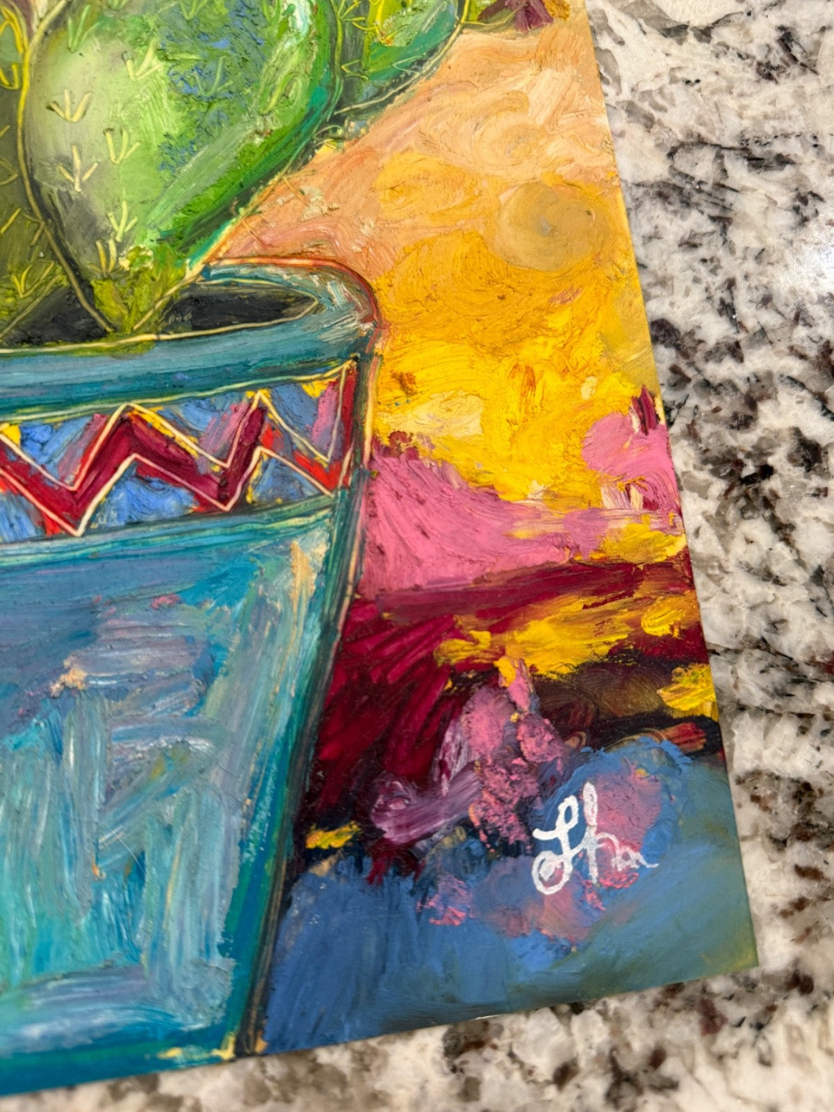 Signed Original Oil Painting on Paper Colorful Cactus Succulent in Pot  11x14"