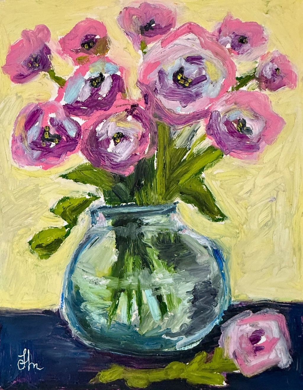 Original Pink Floral Still Life Oil Painting 11x14 Signed Vase Flowers Art