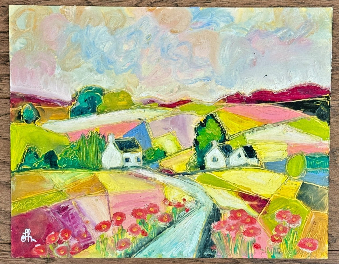 Original Oil Painting Signed on Paper Colorful Cottages Rolling Hills 11x14