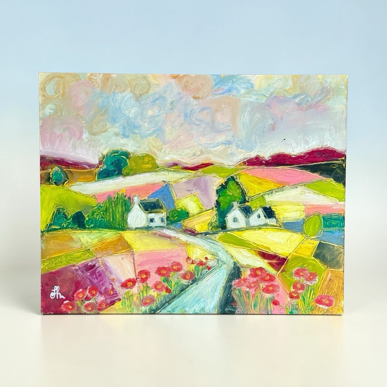 Original Oil Painting Signed on Paper Colorful Cottages Rolling Hills 11x14